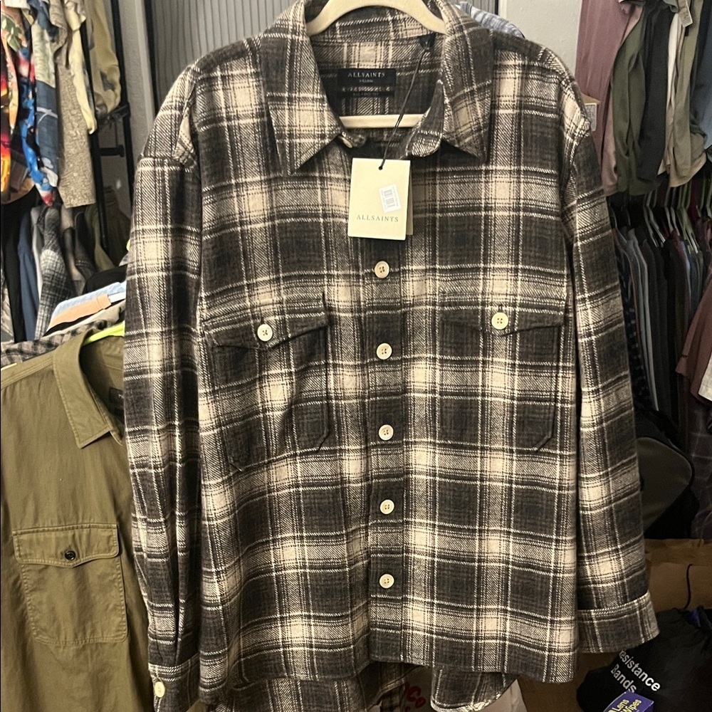 All Saints Hamlin Brown Plaid Shirt Jacket
